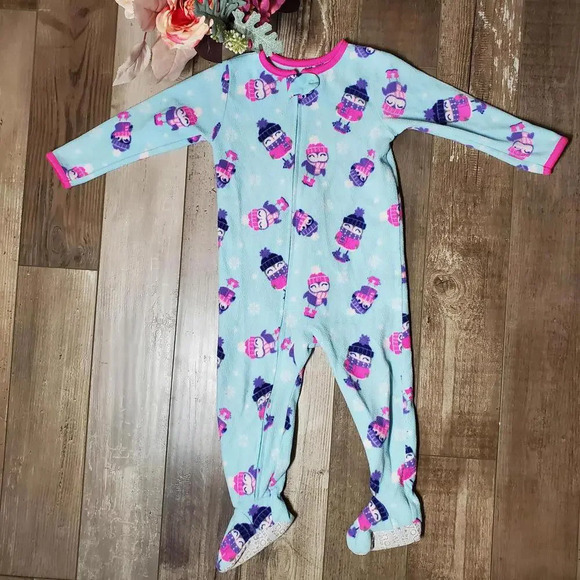 Carter's Size 2T Toddler Girl Blue and Pink Penguin Fleece Footed Pajamas - Picture 1 of 15